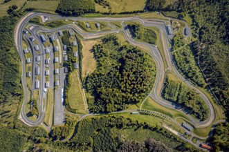 Aerial view, Bilster Berg race track, paddock, racing cars, Pömbsen, Bad Driburg, East