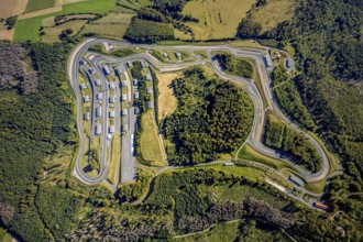 Aerial view, Bilster Berg race track, paddock, racing cars, Pömbsen, Bad Driburg, East