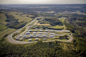 Aerial view, Bilster Berg race track, paddock, racing cars, Pömbsen, Bad Driburg, East