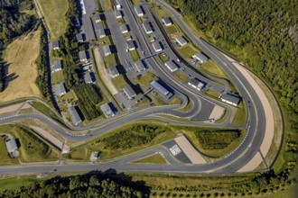 Aerial view, Bilster Berg race track, paddock, racing cars, Pömbsen, Bad Driburg, East