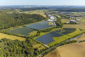 Aerial view, solar park, at the federal road B64, Herste, Bad Driburg, Ostwestfalen-Lippe, North