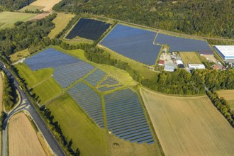 Aerial view, solar park, at the federal road B64, Herste, Bad Driburg, Ostwestfalen-Lippe, North