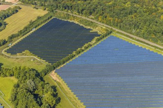 Aerial view, solar park, at the federal road B64, Herste, Bad Driburg, Ostwestfalen-Lippe, North