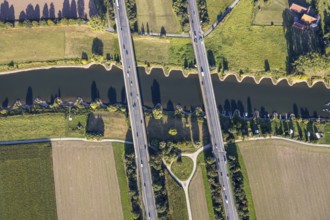 Aerial view, motorway A2, motorway bridges, river Weser, Weser bridge, Holtrup, Bad Oeynhausen,