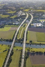 Aerial view, motorway A2, motorway bridges, river Weser, Weser bridge, Holtrup, Bad Oeynhausen,