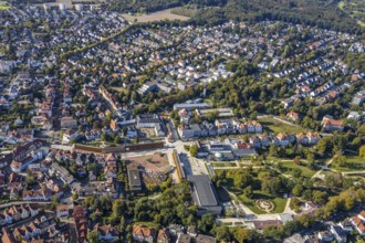 Aerial view, graduation works Bad Salzuflen, rose garden, spa gardens, concert hall in the spa