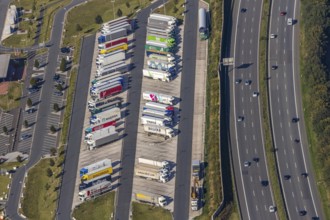 Aerial view, motorway service area Lipperland Nord, Lockhausen, Bad Salzuflen, Ostwestfalen-Lippe,