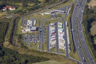 Aerial view, motorway service area Lipperland Nord, Lockhausen, Bad Salzuflen, Ostwestfalen-Lippe,