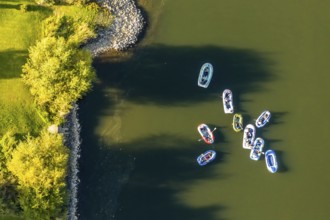 Aerial photo, inflatable boats on the Weser, Rehme, Bad Oeynhausen, Ostwestfalen-Lippe, North