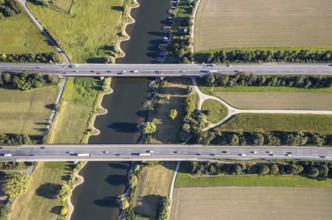 Aerial view, motorway A2, motorway bridges, river Weser, Weser bridge, Holtrup, Bad Oeynhausen,