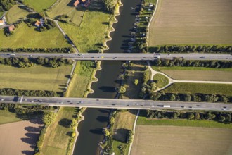 Aerial view, motorway A2, motorway bridges, river Weser, Weser bridge, Holtrup, Bad Oeynhausen,