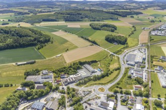 Aerial view, industrial estate Am Pickhammer, Balve, Sauerland, North Rhine-Westphalia, Germany,