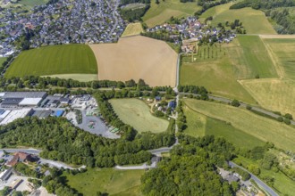 Aerial view, field at the industrial estate Am Pickhammer, Frühlinghausen, Balve, Sauerland, North