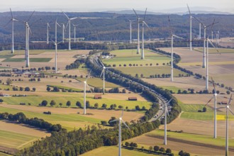 Aerial view, wind turbines, motorway A44, motorway service area Sintfeld, Wewelsburg, Büren,