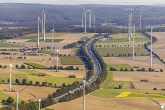 Aerial view, wind turbines, motorway A44, motorway service area Sintfeld, Wewelsburg, Büren,