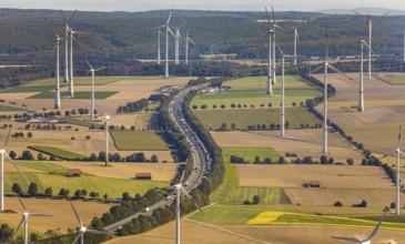 Aerial view, wind turbines, motorway A44, motorway service area Sintfeld, Wewelsburg, Büren,