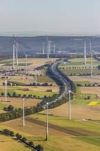 Aerial view, wind turbines, motorway A44, motorway service area Sintfeld, Wewelsburg, Büren,