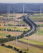Aerial view, wind turbines, motorway A44, motorway service area Sintfeld, Wewelsburg, Büren,