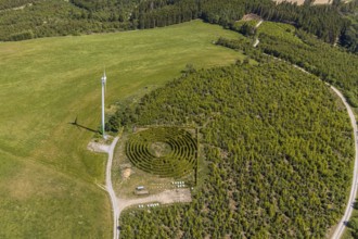Aerial view, windmill, labyrinth, Schultenhof, Balve, Sauerland, North Rhine-Westphalia, Germany,