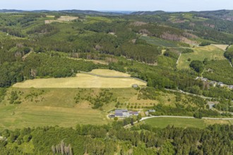 Aerial view, farm Im Kump 4, Leveringser Berg, Balve, Sauerland, North Rhine-Westphalia, Germany,