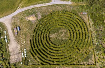 Aerial view, labyrinth, Schultenhof, Balve, Sauerland, North Rhine-Westphalia, Germany, DE, Europe,