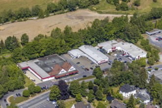 Aerial view, retail mile, shopping street Hönnetalstraße, Bundesstraße 229, Balve, Sauerland, North