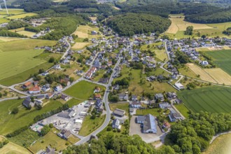 Aerial view, local view district Beckum, catholic church St. Nikolaus, Balve, Sauerland, North