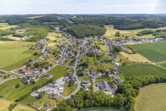 Aerial view, local view district Beckum, catholic church St. Nikolaus, Balve, Sauerland, North