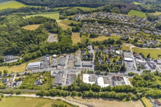 Aerial view, retail mile, shopping street Hönnetalstraße, Bundesstraße 229, Balve, Sauerland, North