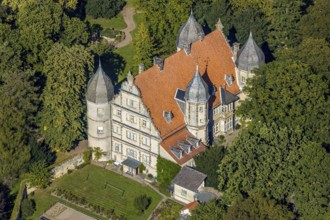 Aerial view, Barntrup Castle with corner towers, Barntrup, East Westphalia-Lippe, North