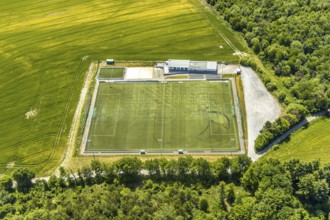 Aerial view, sports field TuS Langenholthausen, Balve, Sauerland, North Rhine-Westphalia, Germany,