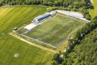 Aerial view, sports field TuS Langenholthausen, Balve, Sauerland, North Rhine-Westphalia, Germany,