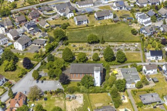 Aerial view, St. Johannes Church Langenholthausen, cemetery, Balve, Sauerland, North
