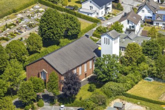 Aerial view, St. Johannes Church Langenholthausen, cemetery, Balve, Sauerland, North