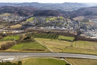 Aerial view, motorway A46 rest area Nuttlar, with view of Bestwig, Bestwig, North Rhine-Westphalia,