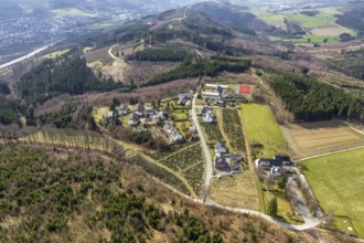 Aerial view, local view Föckinghausen, school hostel, Bestwig, North Rhine-Westphalia, Germany,