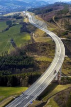 Aerial view, valley bridge Nuttlar, motorway A46, local view Nuttlar, hilly landscape, Bestwig,