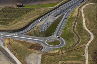 Aerial view, motorway A46, Nuttlar junction B480n, hilly landscape, Bestwig, North