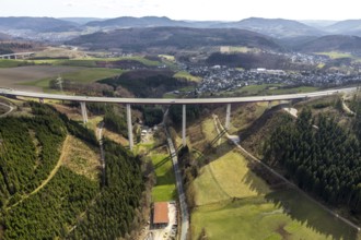 Aerial view, valley bridge Nuttlar, motorway A46, local view Nuttlar, hilly landscape, Bestwig,