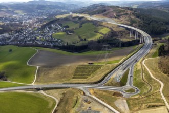 Aerial view, valley bridge Nuttlar, motorway A46, view of Nuttlar, junction B480n, hilly landscape,