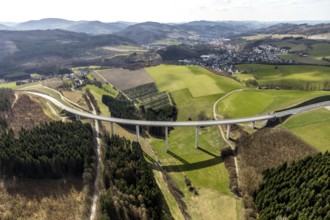 Aerial view, Schormecke viaduct, federal road B480n, feeder road to motorway A46, hilly landscape,