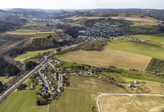 Aerial view, local view Dümel, federal road B7, slag heap former mine Ostwig, local view Nuttlar,
