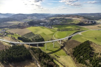 Aerial view, Schormecke viaduct, federal road B480n, feeder road to motorway A46, hilly landscape,