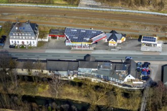 Aerial view, petrol station Esso Nuttlar, federal road B7, river Ruhr, Bestwig, North