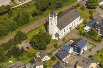 Aerial view, St. Andrew's Catholic Church, EKI-Therm company building with solar panel, Velmede,
