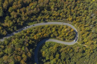 Aerial view, serpentine road in forest area, north of Jakobsberg, Beverungen, East