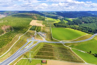 Aerial view, motorway A46, Nuttlar junction B480n, view towards Brilon, further construction of the