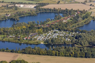 Aerial view, river Weser, Axelsee, camping site, Würgassen, Beverungen, Ostwestfalen-Lippe, North