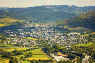 Aerial view, Ruhr valley bridge Velmede, valley bridge Schormecke, river Ruhr, view of Velmede and