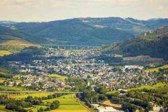 Aerial view, Ruhr valley bridge Velmede, valley bridge Schormecke, river Ruhr, view of Velmede and